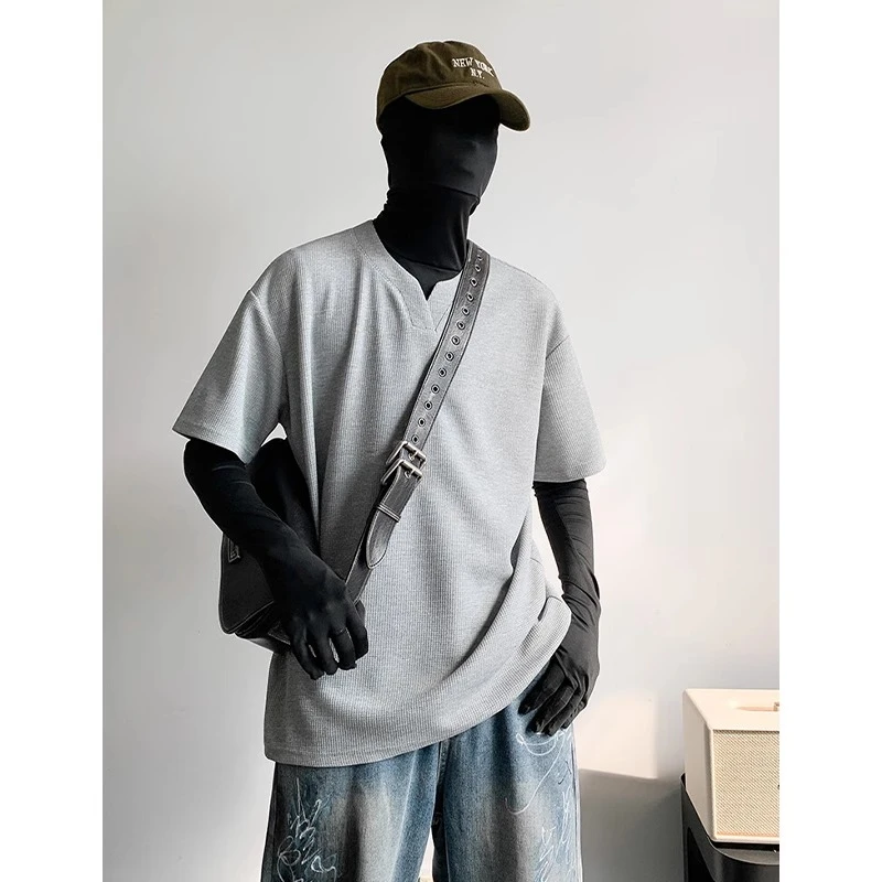 cleanfit灰色V领短袖男款夏季美式复古重磅t恤休闲潮牌高级感半袖