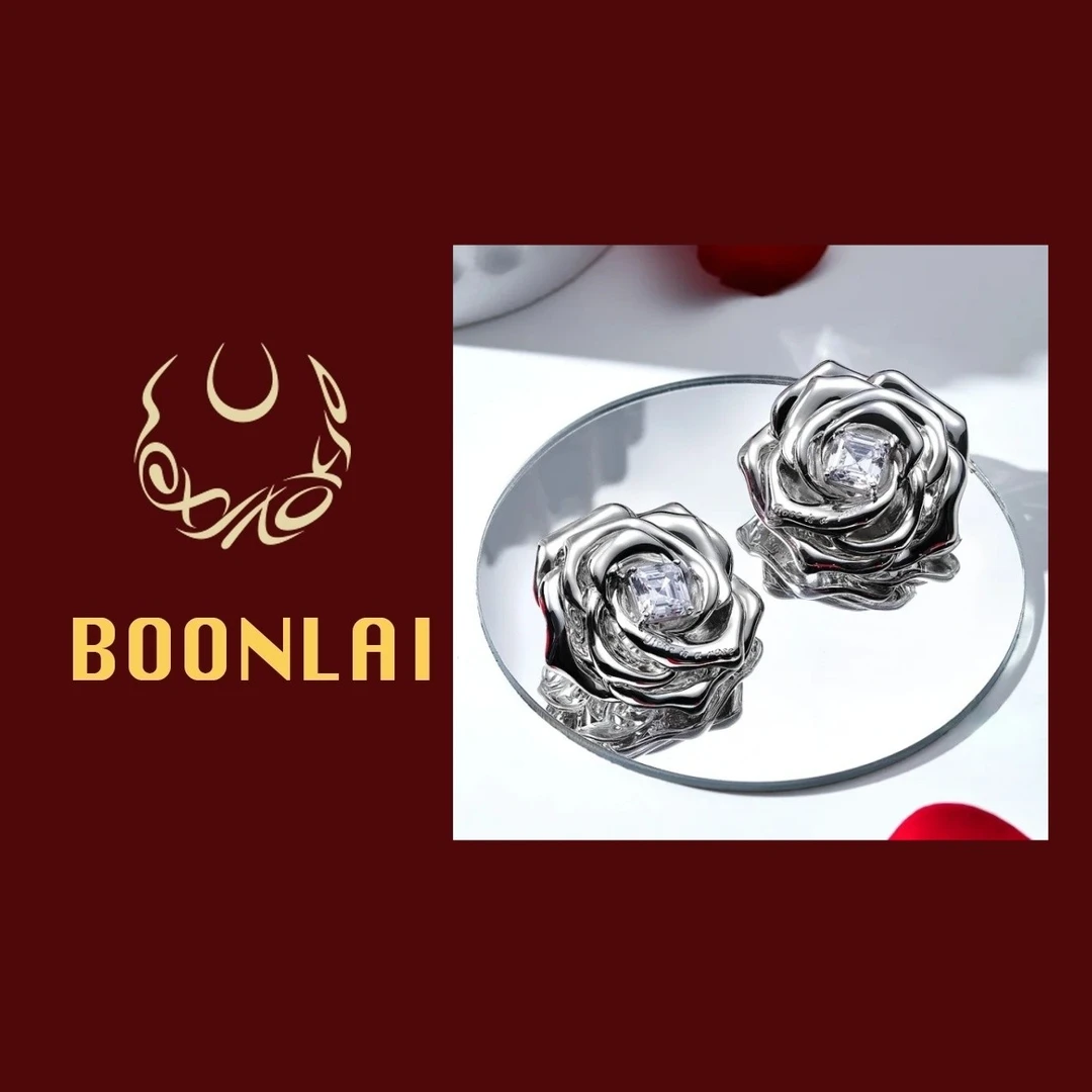 铜合金锆石耳饰 【美女专属】Boonlai 金属锆石镶钻玫瑰耳环1799