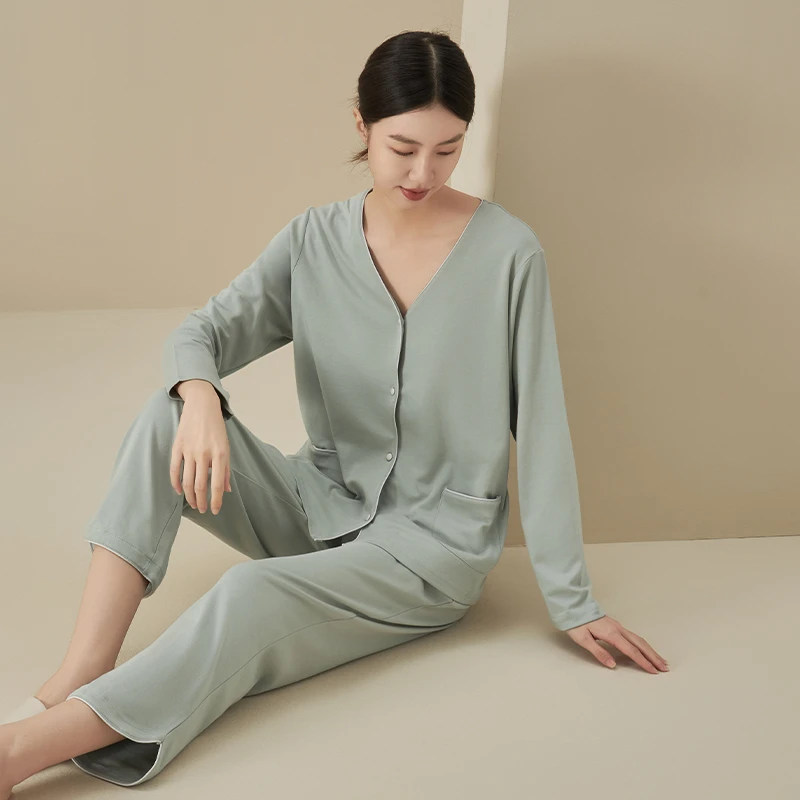 睡衣女士春秋季V领开衫长袖长裤两件套可外穿棉质家居服套装新款