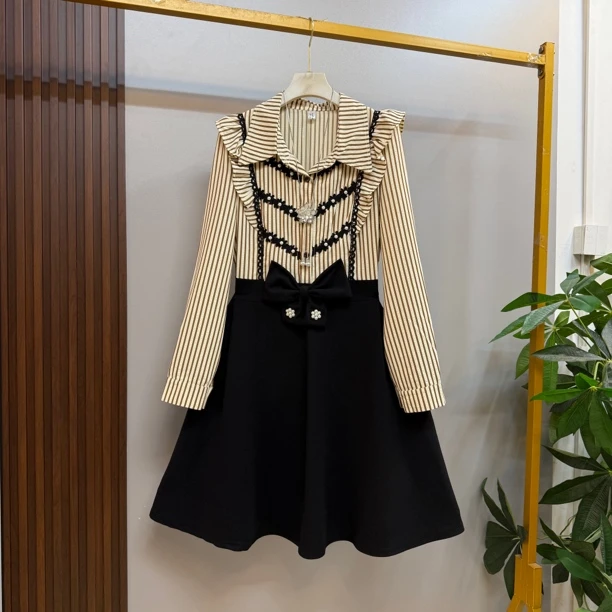 早秋新款时尚洋气衬衫领拼接蝴蝶结设计显瘦连衣裙