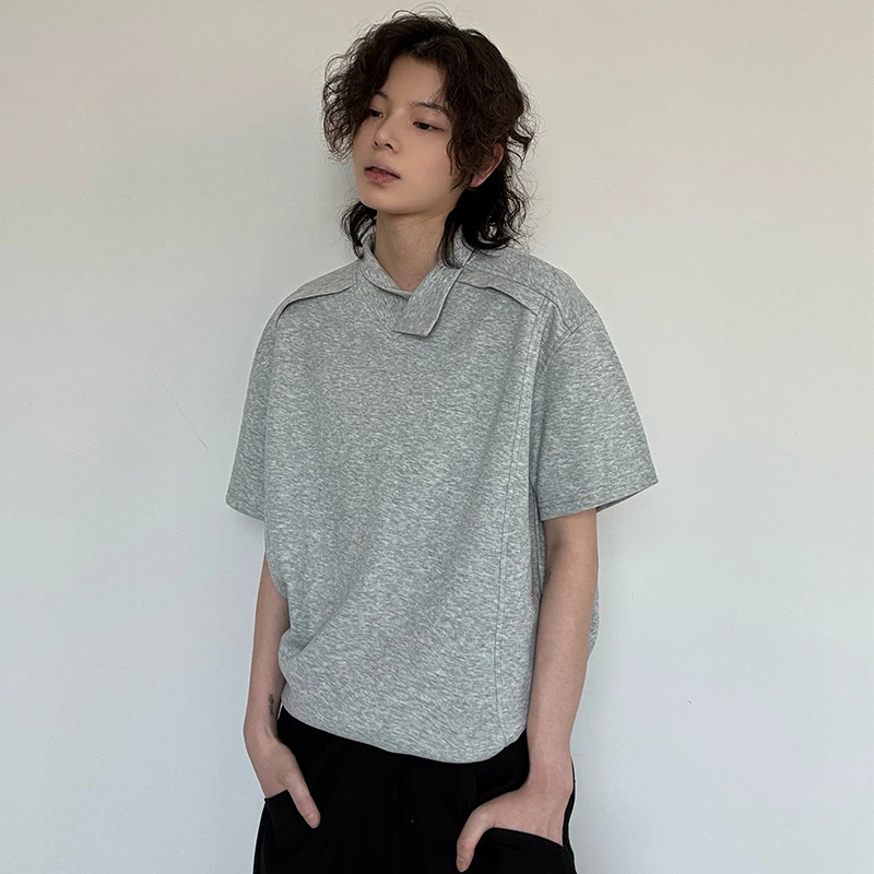 A+短袖t恤男女同款美式休闲百搭简约纯色翻领夏季宽松灰色半袖