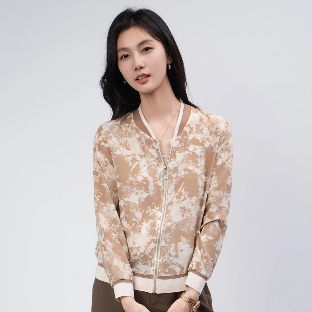 春竹2025春季新款时尚休闲印花长袖气质百搭短款女士宽松开衫