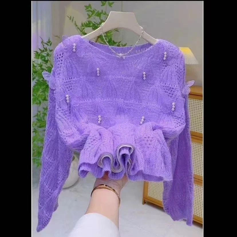 慵懒风蝴蝶钉珠粉色针织衫女2025夏季新款镂空法式拼接圆领毛衣潮