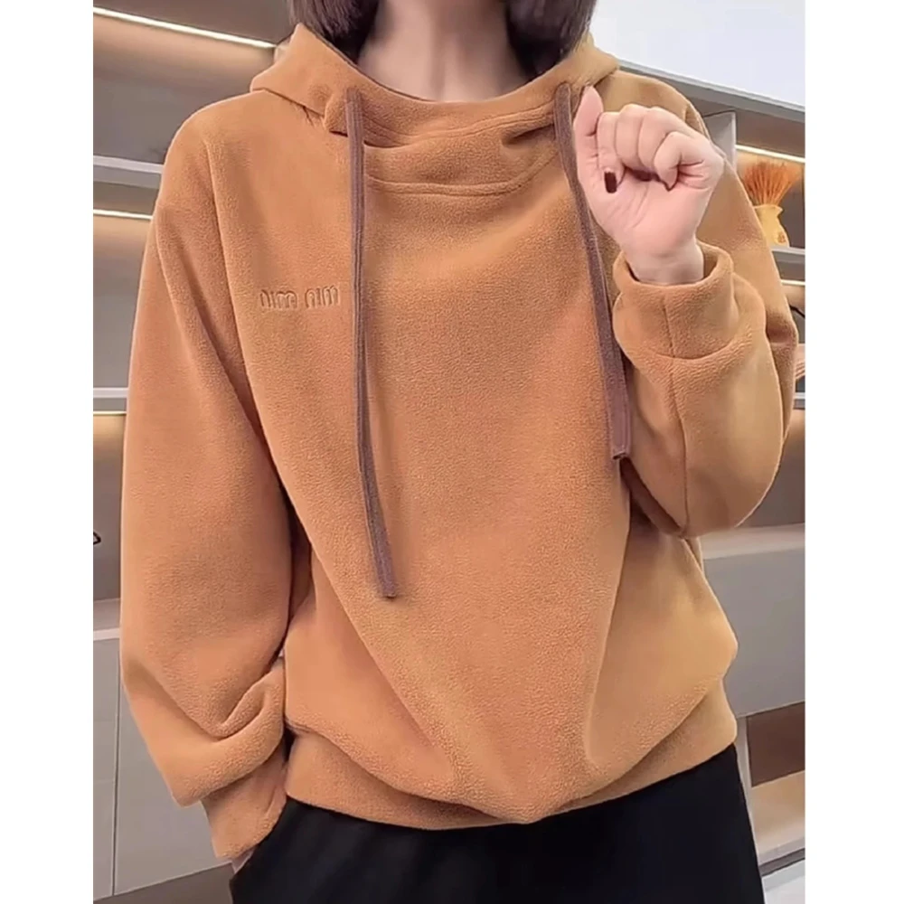 双面奥粒绒字母刺绣韩版连帽卫衣女秋冬新款时尚宽松显瘦百搭帽衫