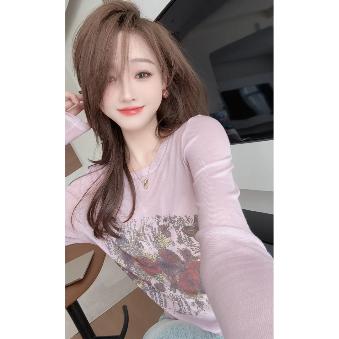 【陈陈私服】欧若风洋气时尚印花上衣长袖套头圆领小衫25031104