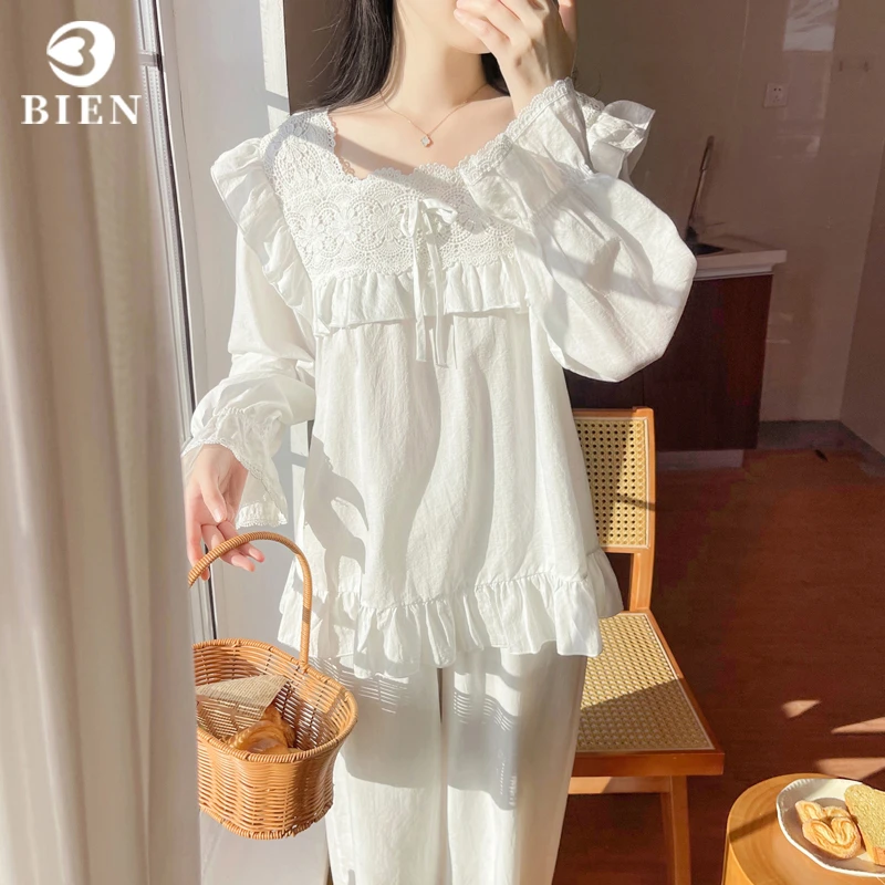 BIEN睡衣女春秋季甜美可爱公主家居服宫廷风韩版套装纯棉法式全棉