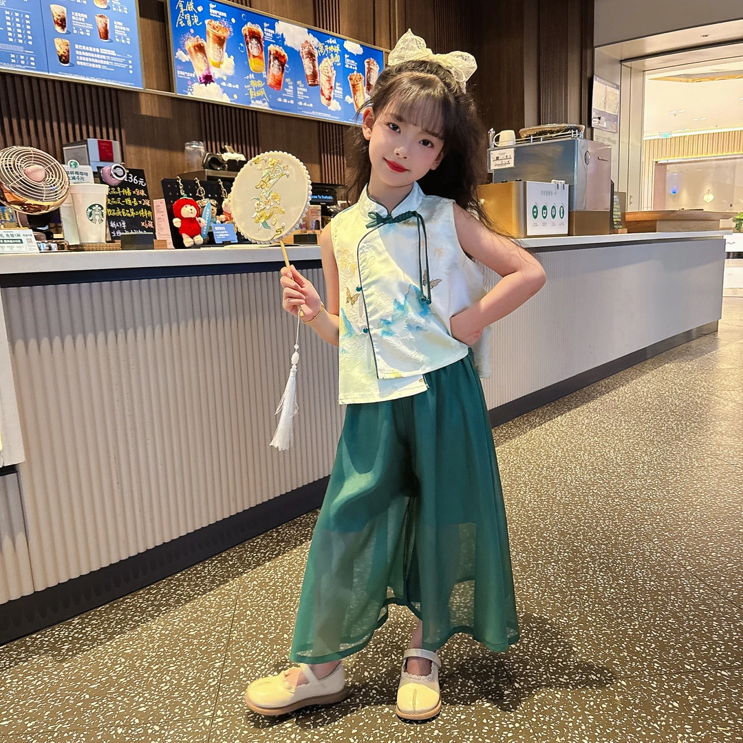 2025女童夏款新中式背心+裙裤2件套女宝宝清新国风2件套甜美