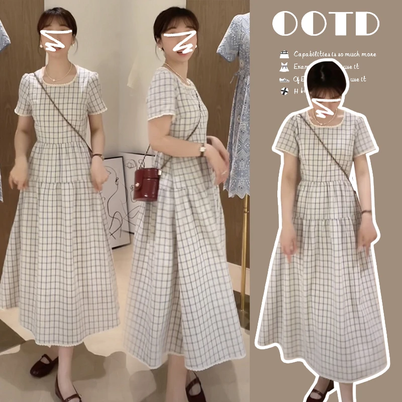 孕妇装夏季2025款圆领花边拼接短袖宽松显瘦格子连衣裙气质显瘦