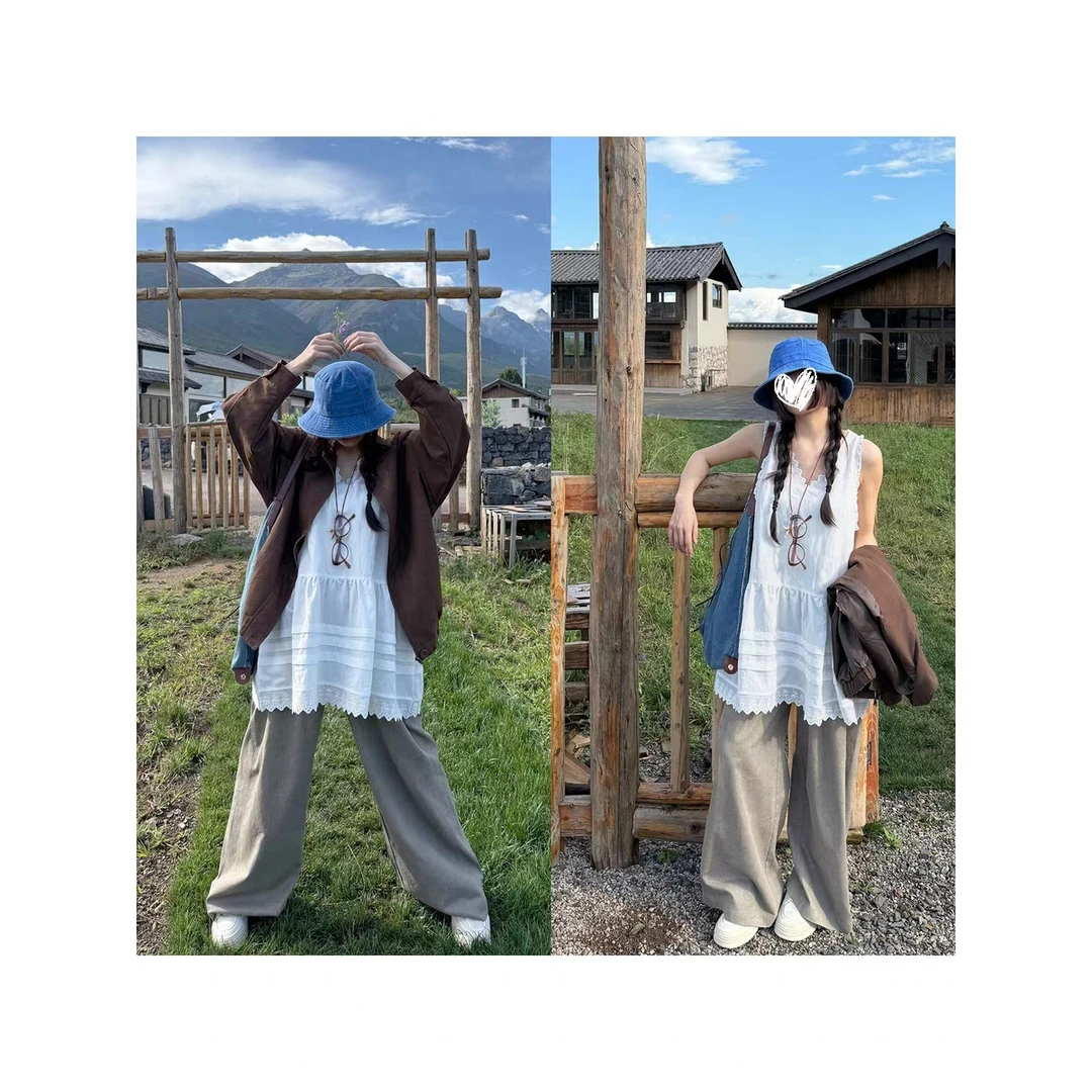 秋季复古女V领花边中长款无袖上衣女+长裤两件套