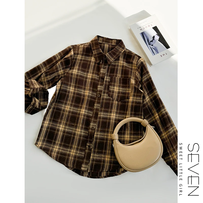 ③七七146小个子复古小众格纹衬衫女春秋宽松百搭长袖衬衣小美说