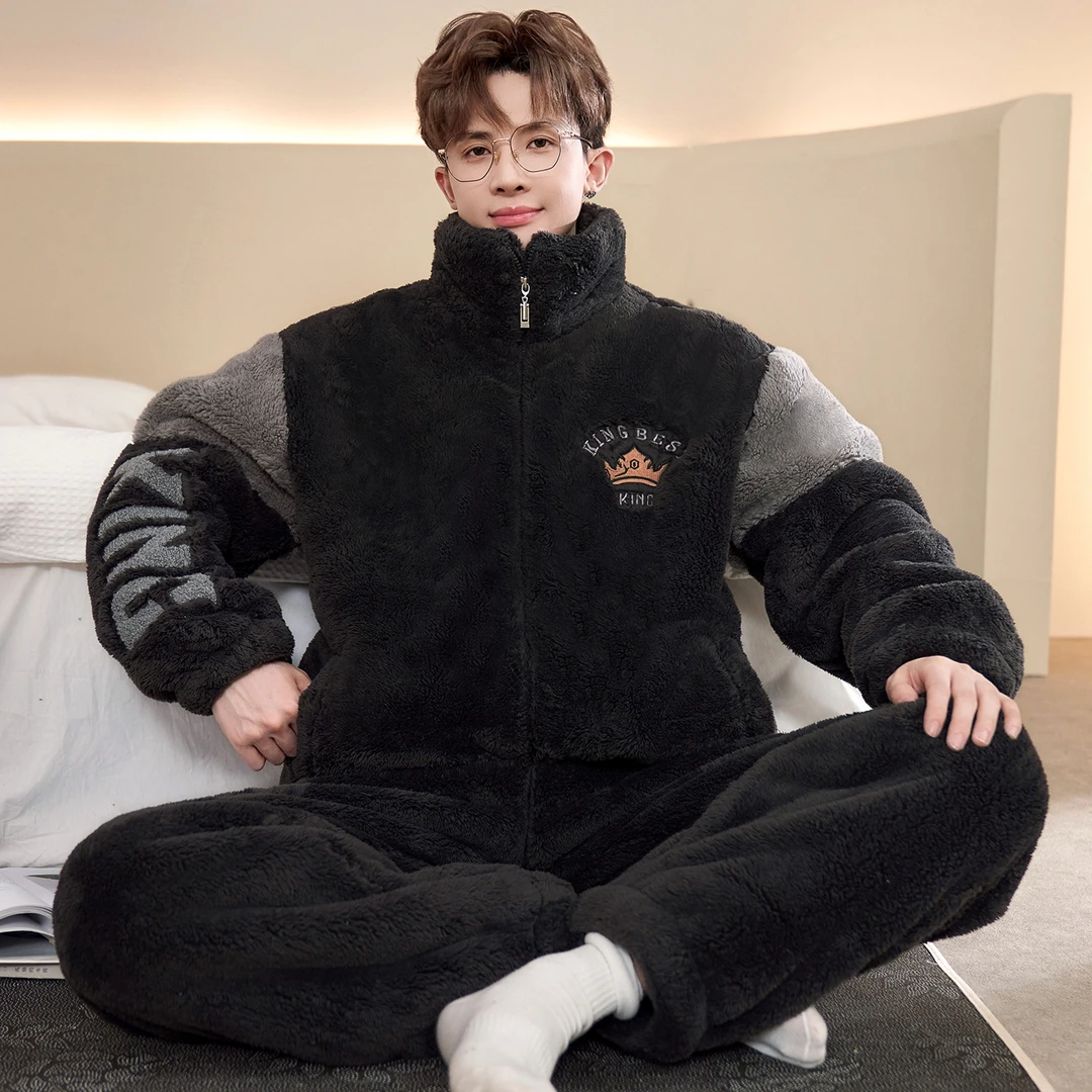 珊瑚绒睡衣男秋冬款加厚加绒家居服春秋款大码法兰绒男士冬季套装