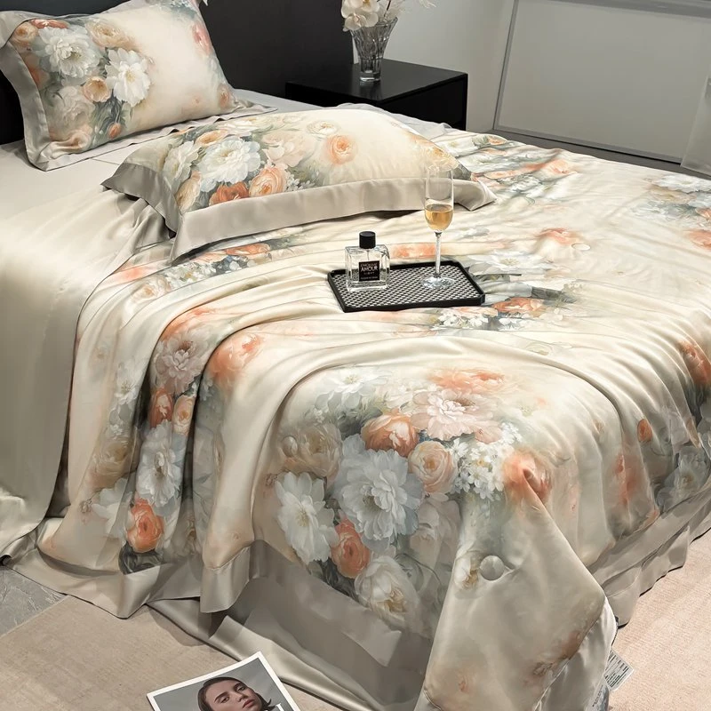 【贝蒂】香槟米黄夏凉被夏被四件套机洗裸睡凉感空调被数码印花被子