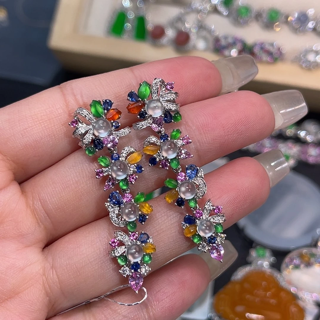 翡翠18K金镶嵌耳饰多宝耳坠