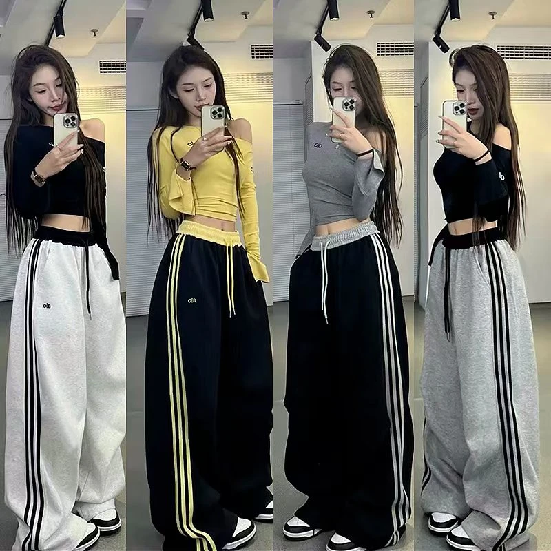 B美式复古运动裤卫裤女秋新款华棉高腰显瘦宽松休闲长裤垂感拖地