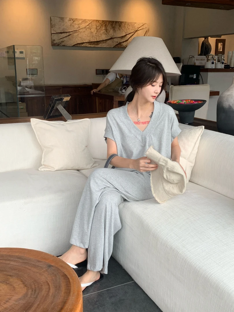 温柔瑶-Ersan#显瘦松弛感V领套装#2522（裤长96cm 腰围66）【福福】