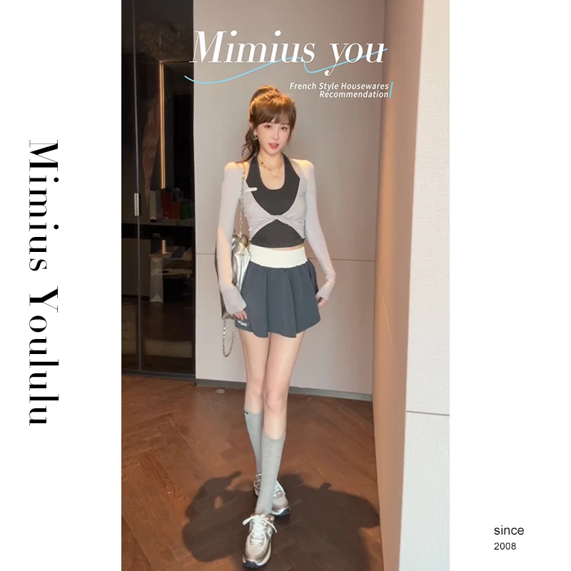 【mimius】七七 设计感扭结修身撞色假两件上衣+裙裤 G07161