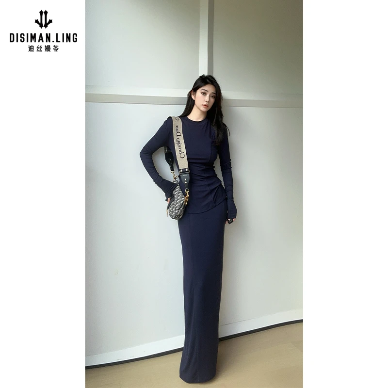 迪丝嫚苓多色套装长袖针织时尚百搭女士修身气质圆领原创设计师款