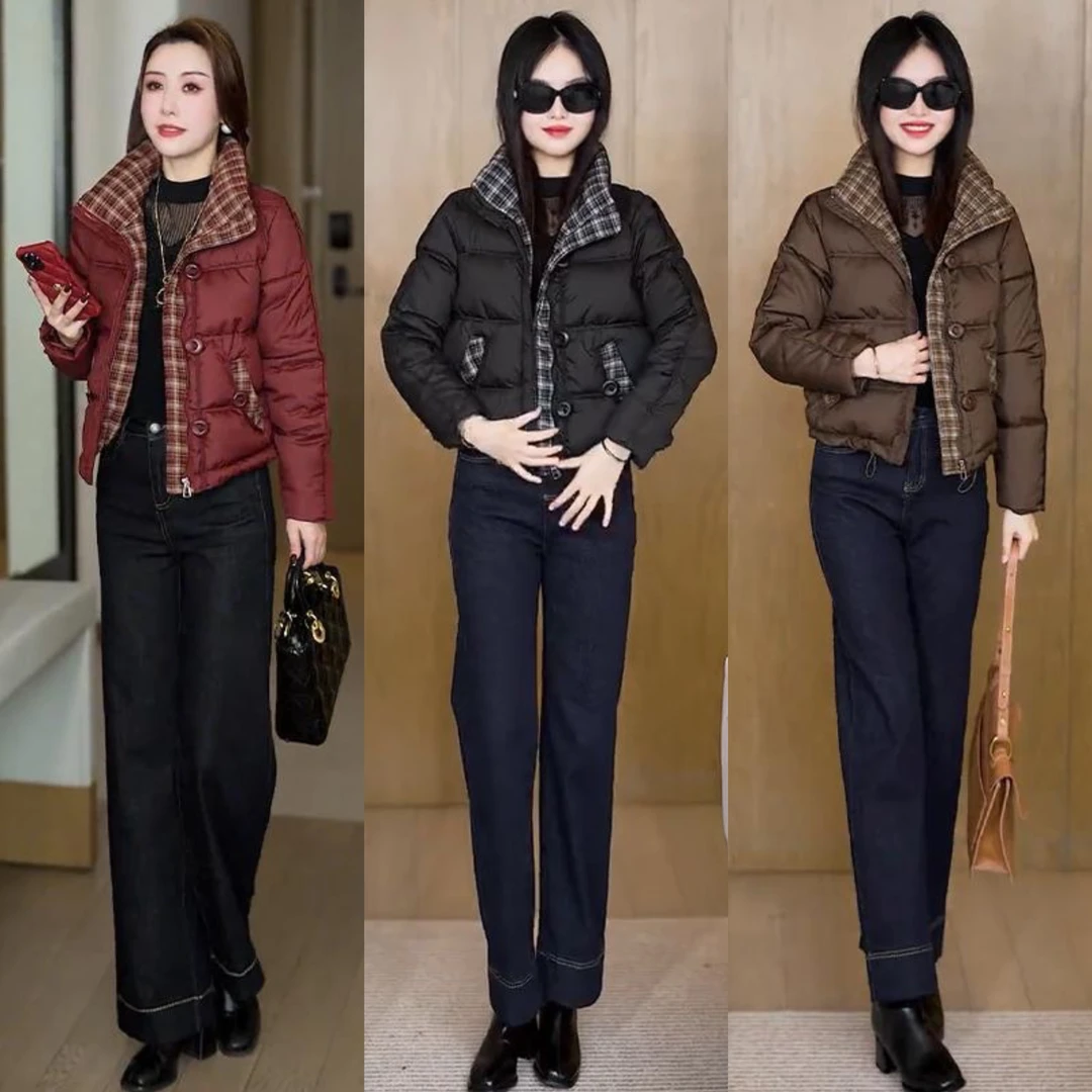 时尚短款棉衣棉服女冬季新款洋气显瘦高级感格子拼接洋气面包服