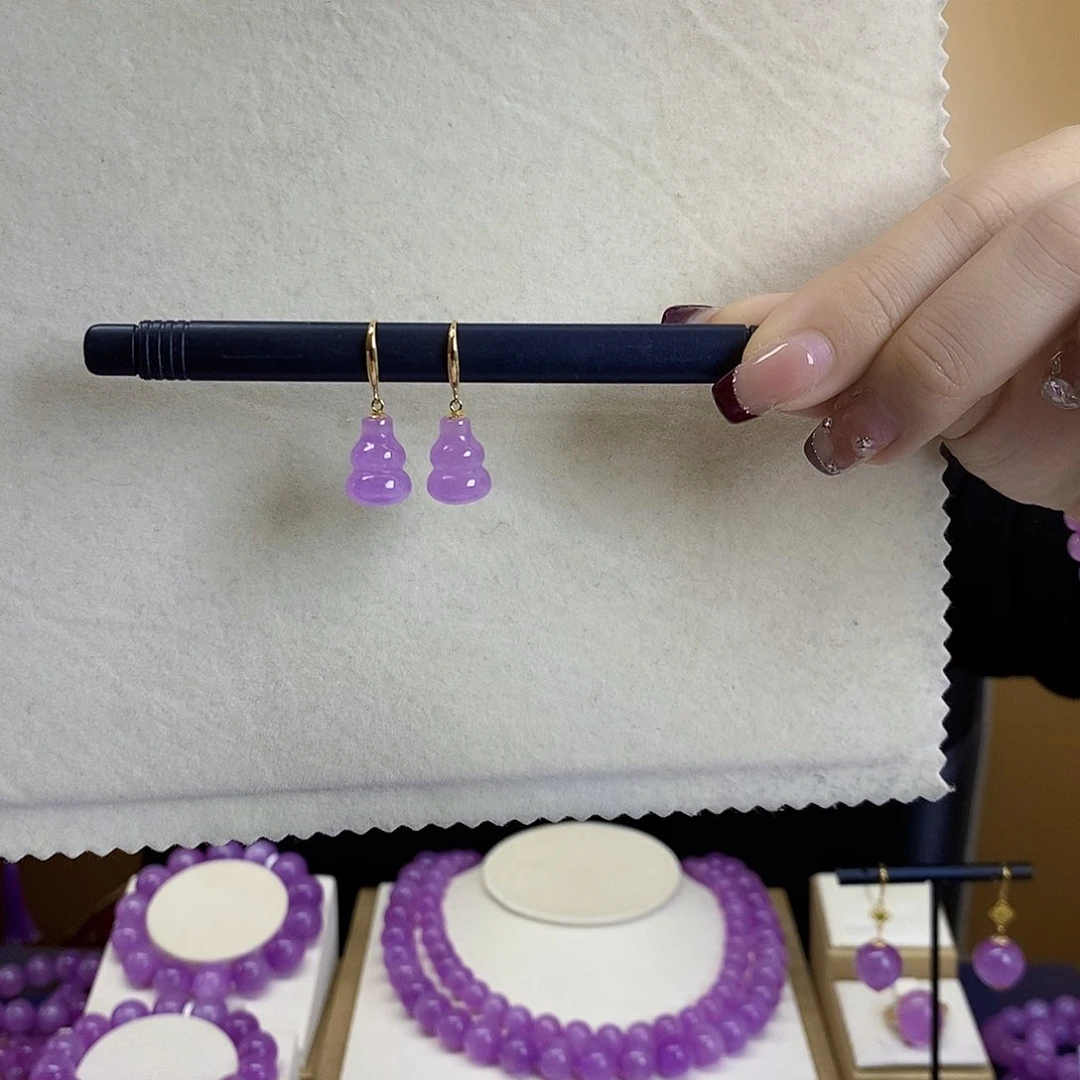 锂辉石18K紫锂辉高冰收藏级葫芦耳钩18K金镶嵌