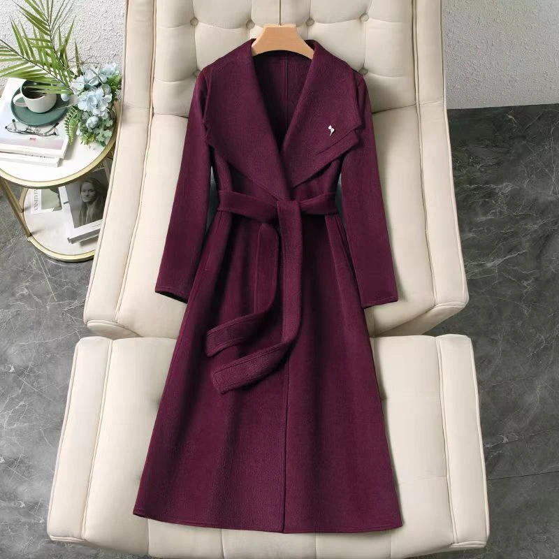 高级感双面呢大衣女2025年冬季新款绑带上衣气质大翻领外套