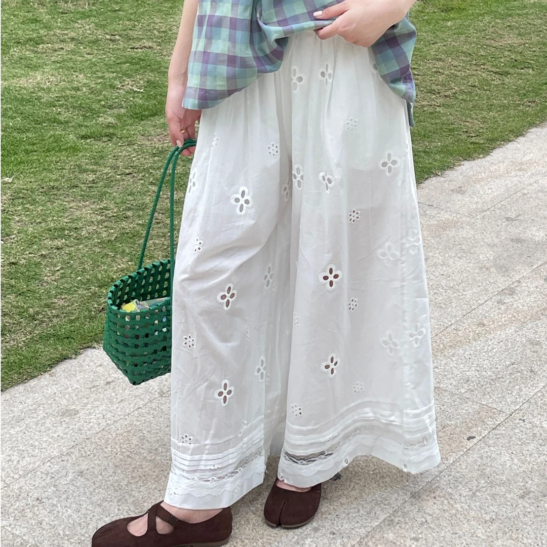 YUNING【绽放花朵】蕾丝镂空阔腿裤高腰垂感慵懒松弛直筒休闲九分裤