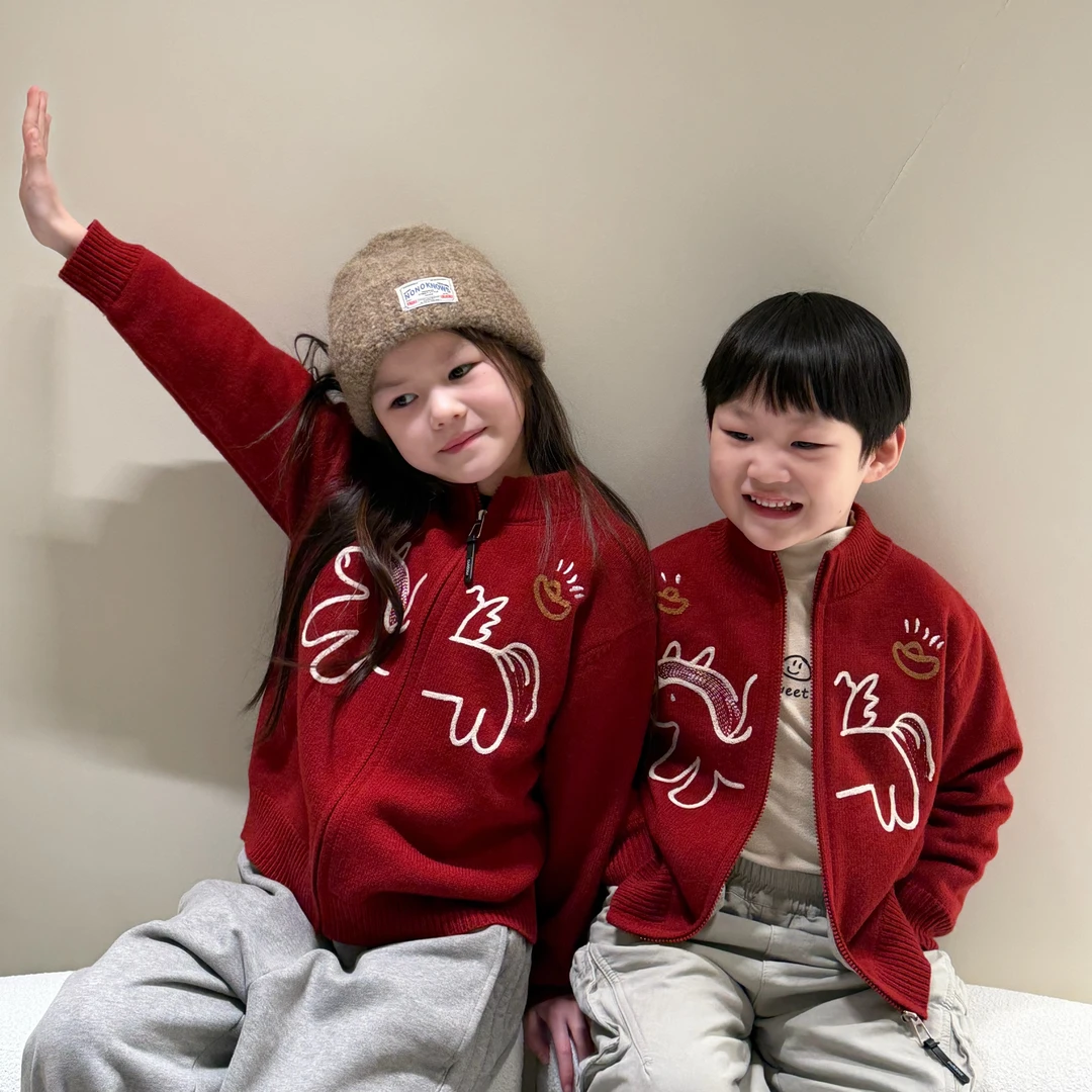 【加绒冬款】新年刺绣元宝小飞马红色喜庆开衫外套保暖