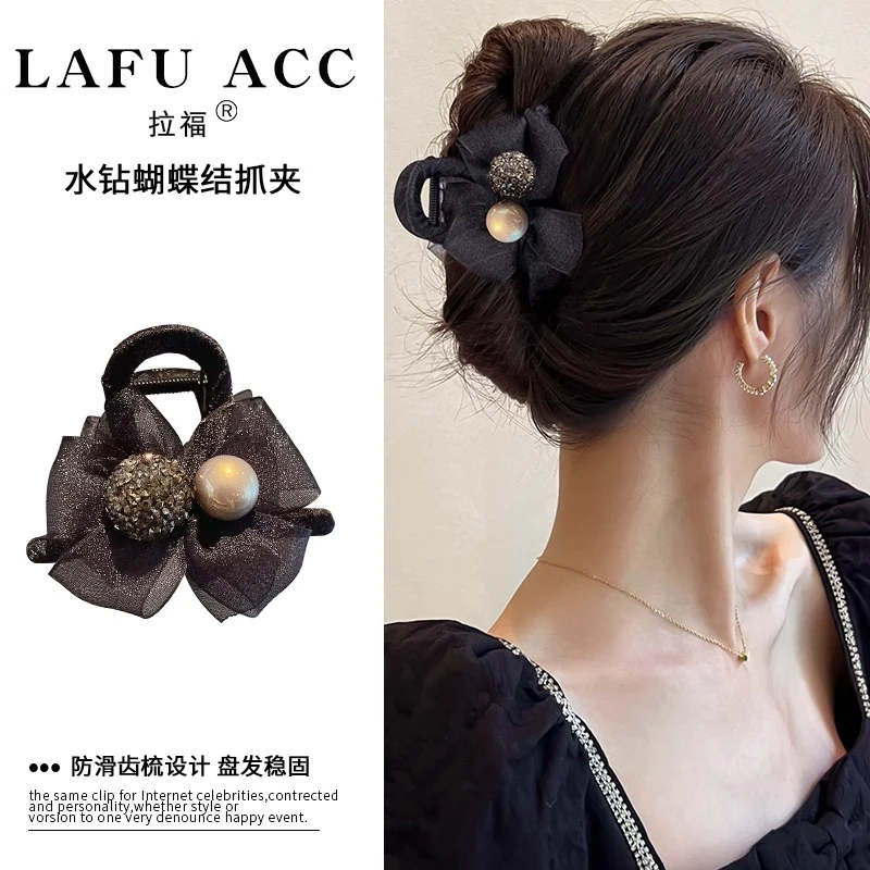 高级感珍珠发夹女蝴蝶结抓夹后脑勺小号网红头发鲨鱼夹子发卡头饰