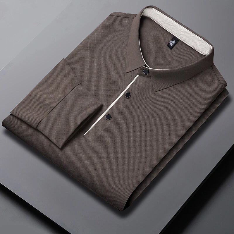 男士男装长袖轻奢休闲夏季条纹翻领衬衣纯色透气秋季潮流时尚丝滑