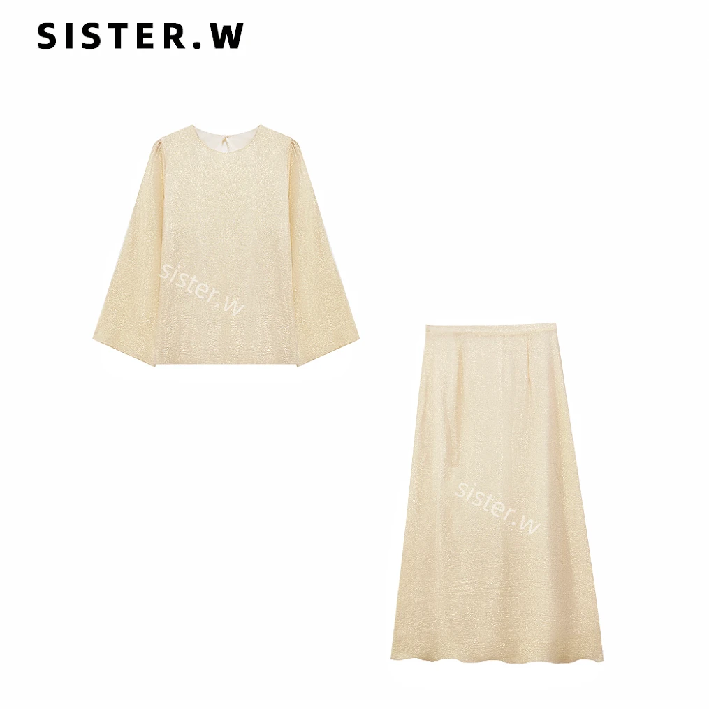 新款气质简约微喇袖套装 上衣+ 半裙 6066           100