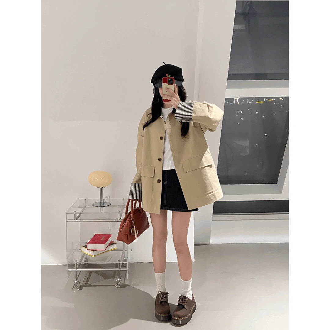 韩系新款高智巴恩风卡其色风衣撞色休闲拼接短款宽松外套女春秋季