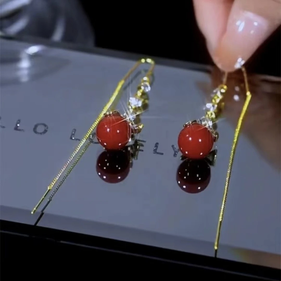 MAX 新款红色蝴蝶结珠珠流苏耳线（38420）