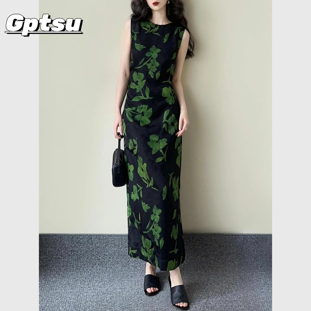 GPTSu夏季新中式国风黑色印花无袖连衣裙复古高端气质女显瘦长裙