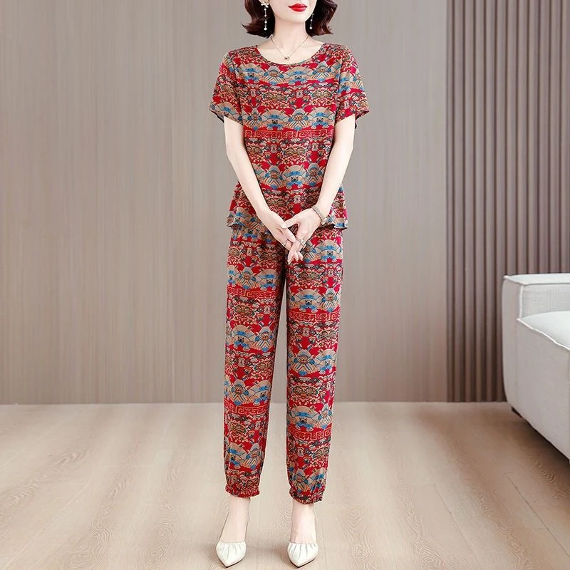 棉绸套装女时尚外穿夏季新款大码宽松洋气人造棉妈妈广场舞两件套