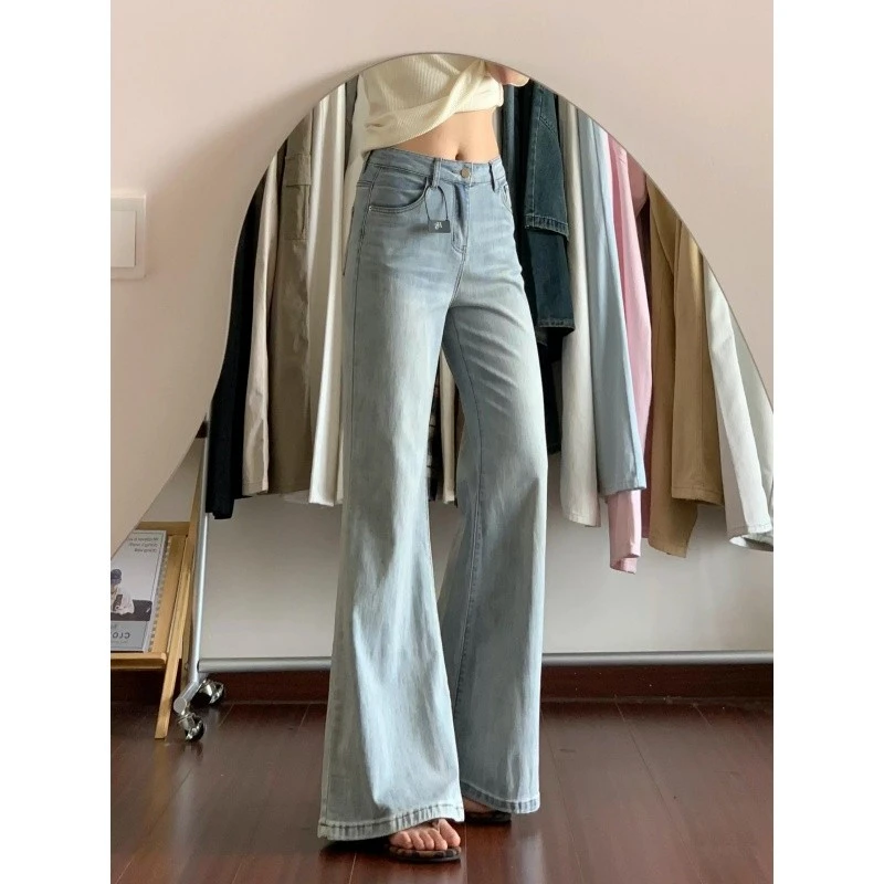 小个子复古浅色牛仔裤女款微喇裤子夏季喇叭裤女款不贴腿直筒裤潮
