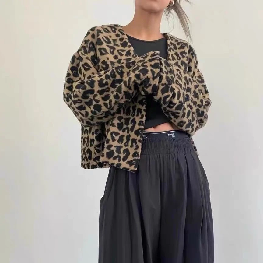 现货 韩国东大门秋季新款豹纹夹克短外套