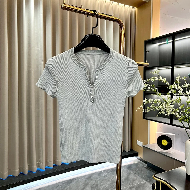 高级灰女士薄款简约针织衫短袖时尚上衣百搭通勤GK-169