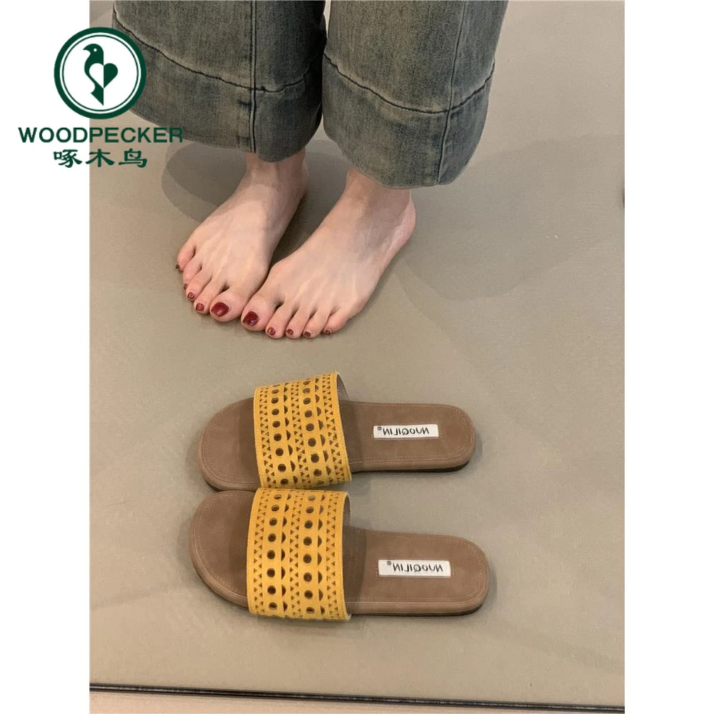 啄木鸟设计感小众一字凉拖2025年夏季复古编织露趾外穿凉拖鞋女鞋