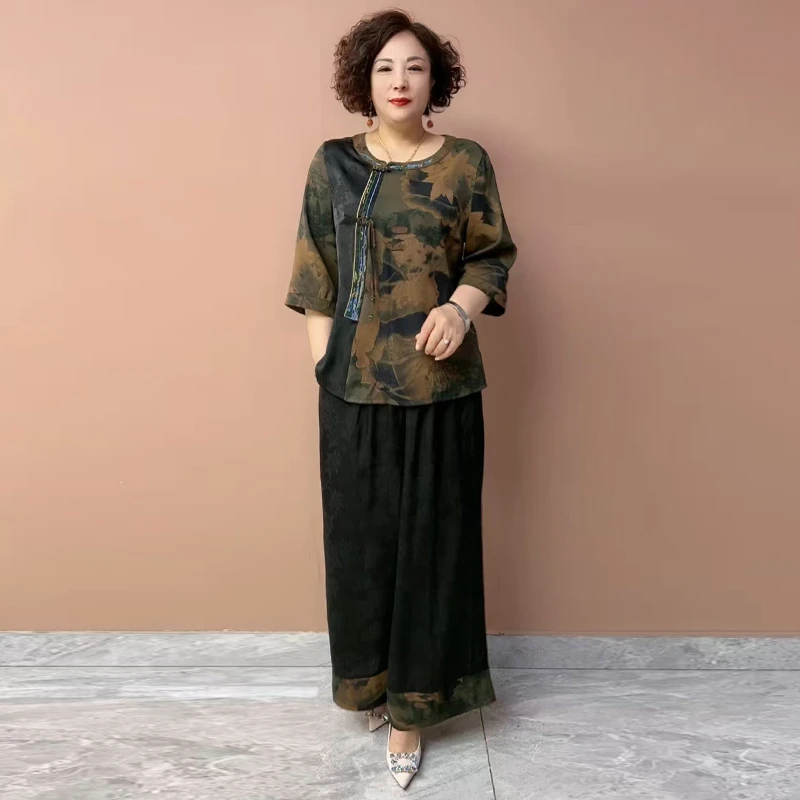 高档上衣休闲百搭圆领大版衫遮肚子T恤衫阔腿裤中老年两件套装女