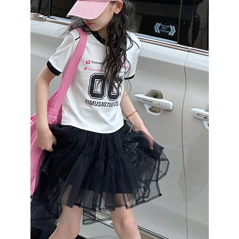 K28783学院风女童短袖T恤2025新款夏装儿童修身上衣休闲洋气半袖t