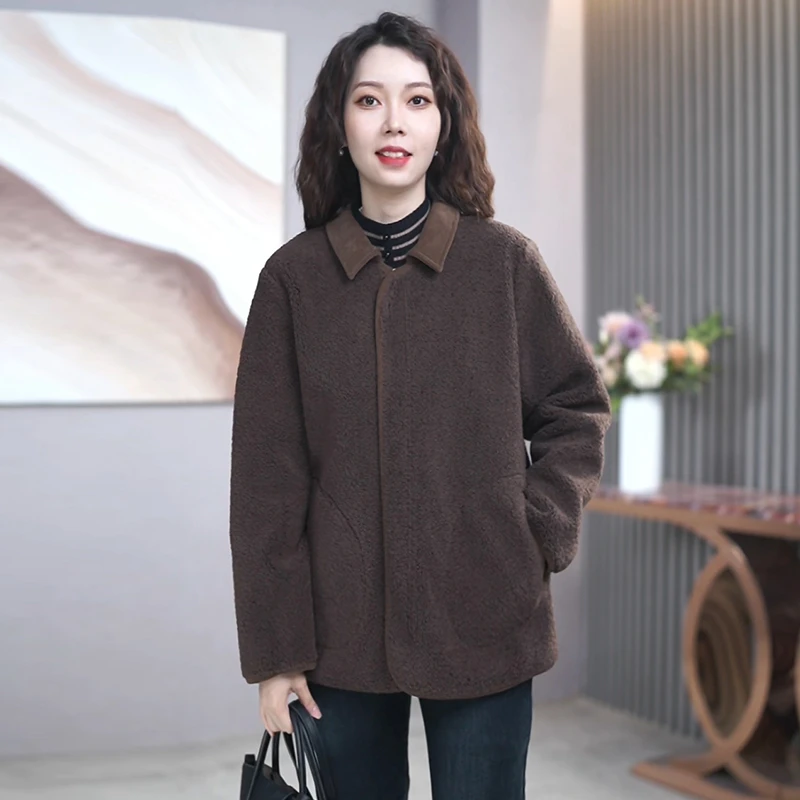 A32851阿吉多羊羔绒棉服女秋冬新款皮毛一体小个子宽松麂皮绒外套