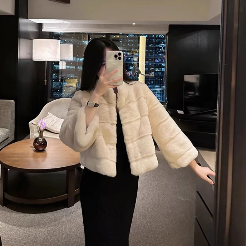 2025新款冬季精致贵气姐姐七分袖仿水貂皮草短款毛毛外套女