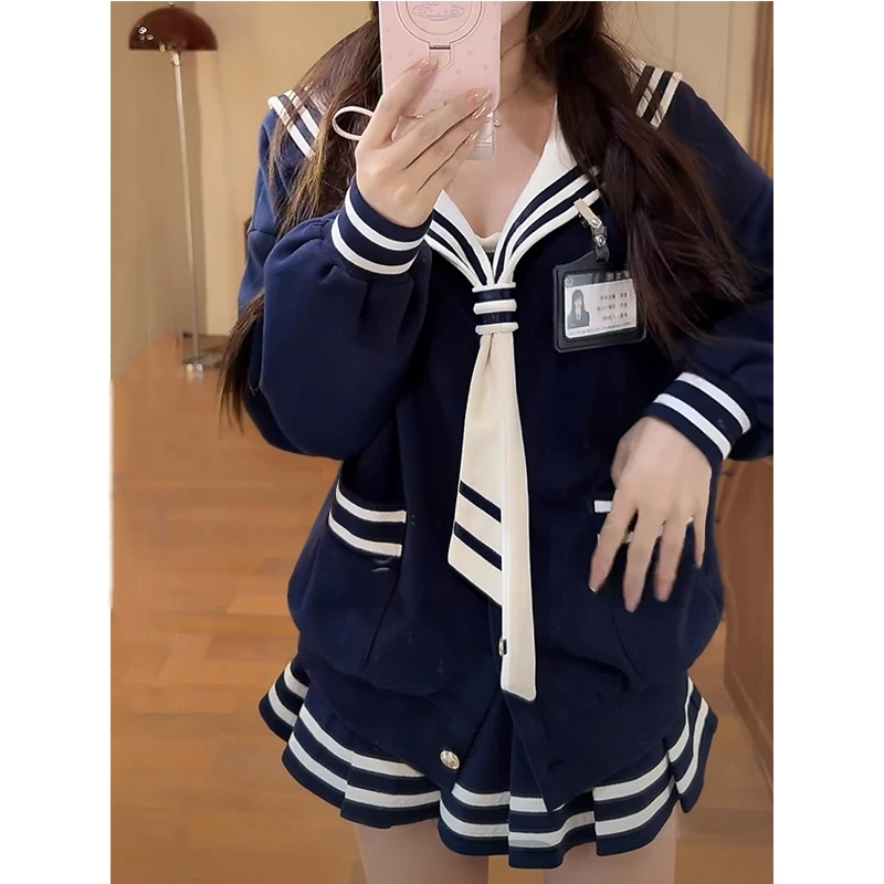 伦敦早课 秋冬学院风显瘦棒球服外套半裙海军领时尚套装短裙