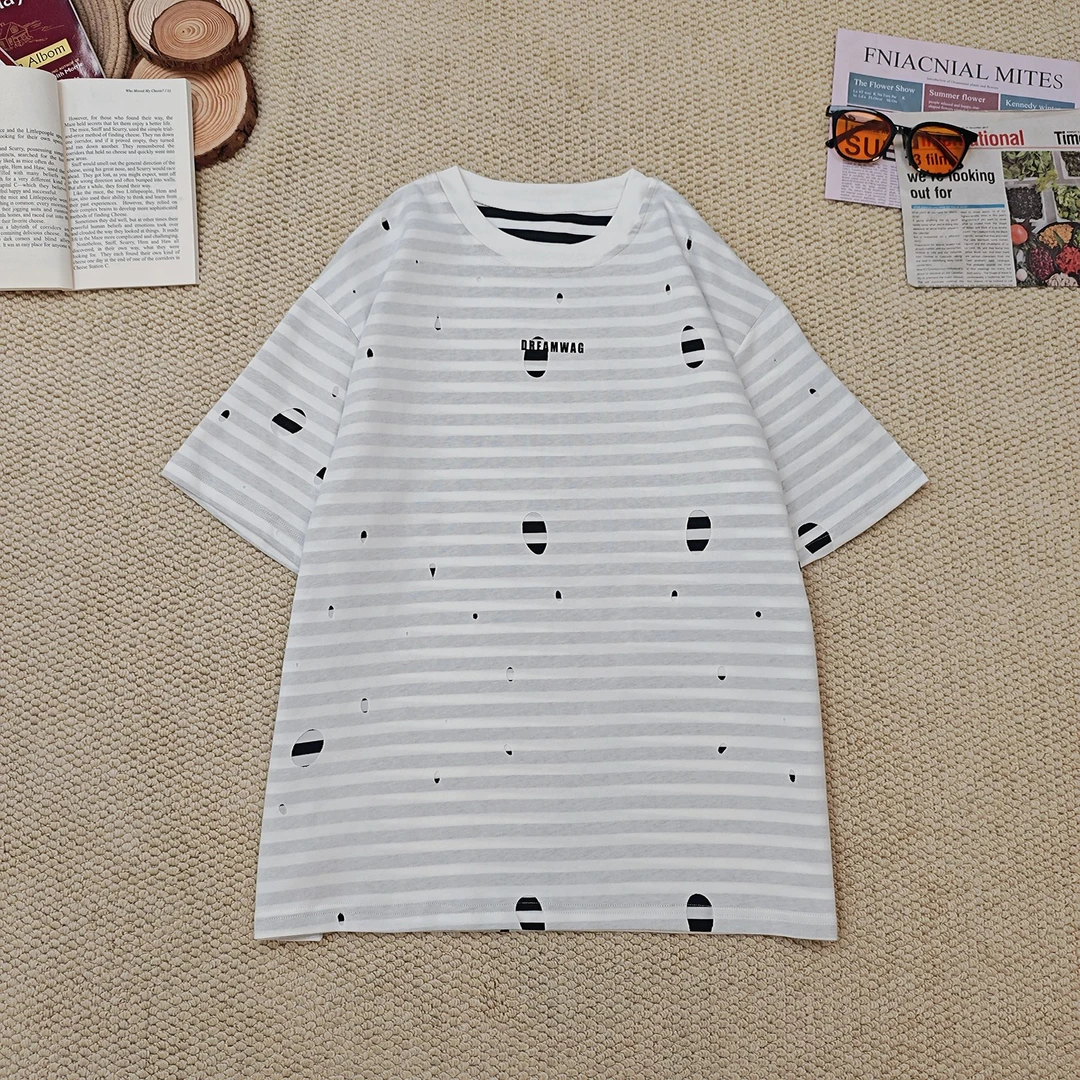 2025夏季新款宽松百搭时尚破洞款字母印花短袖T恤1641