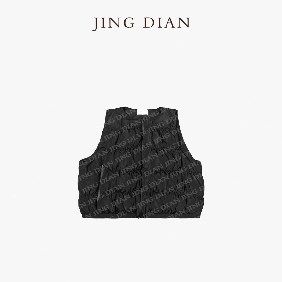 【JING DIAN】定制款黑色褶皱蓬松无袖羽绒马甲