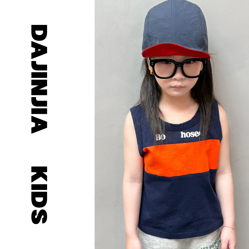 大金定制夏季新款潮牌B&撞色藏青色字母印花无袖韩系棉感上衣