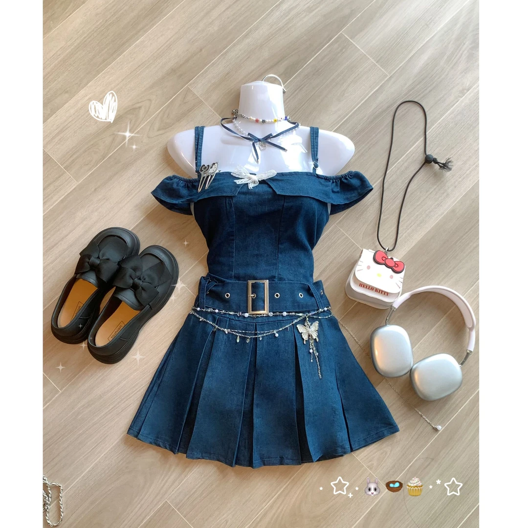 【贝尔专属】法式复古牛仔吊带连衣裙子女收腰高级感一字肩77215
