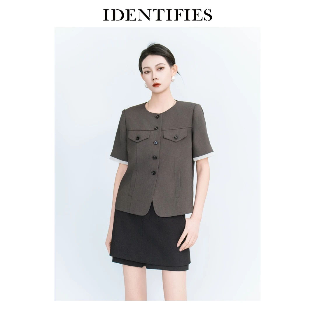 IDENTIFIES/易缔媤休闲风衬衫短袖短裤显瘦夏装休闲上衣D41009
