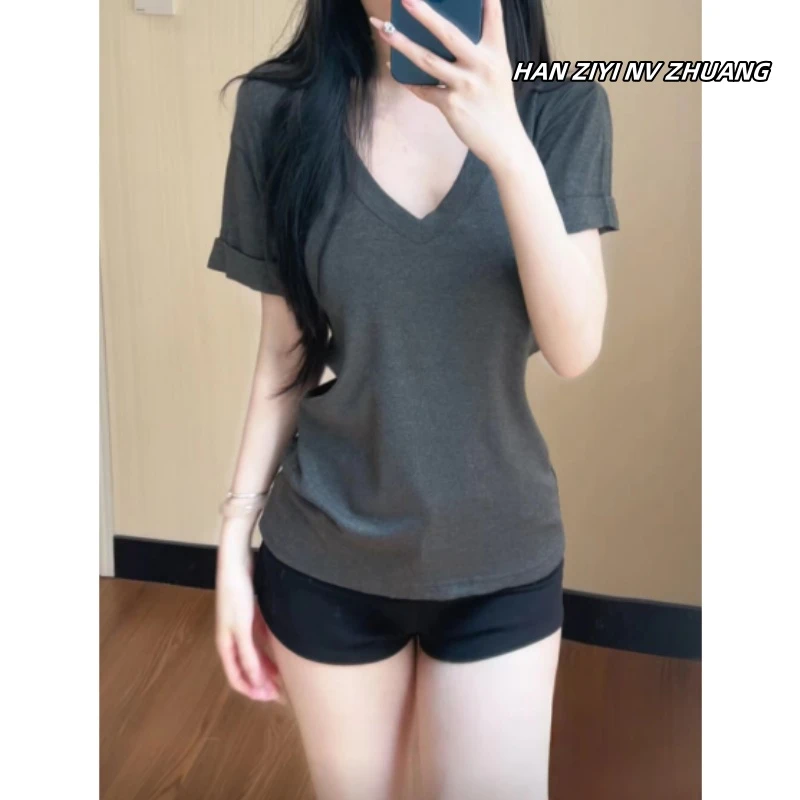 设计感小众纯棉v领短袖t恤衫女夏季新款宽松慵懒休闲显瘦半袖上衣