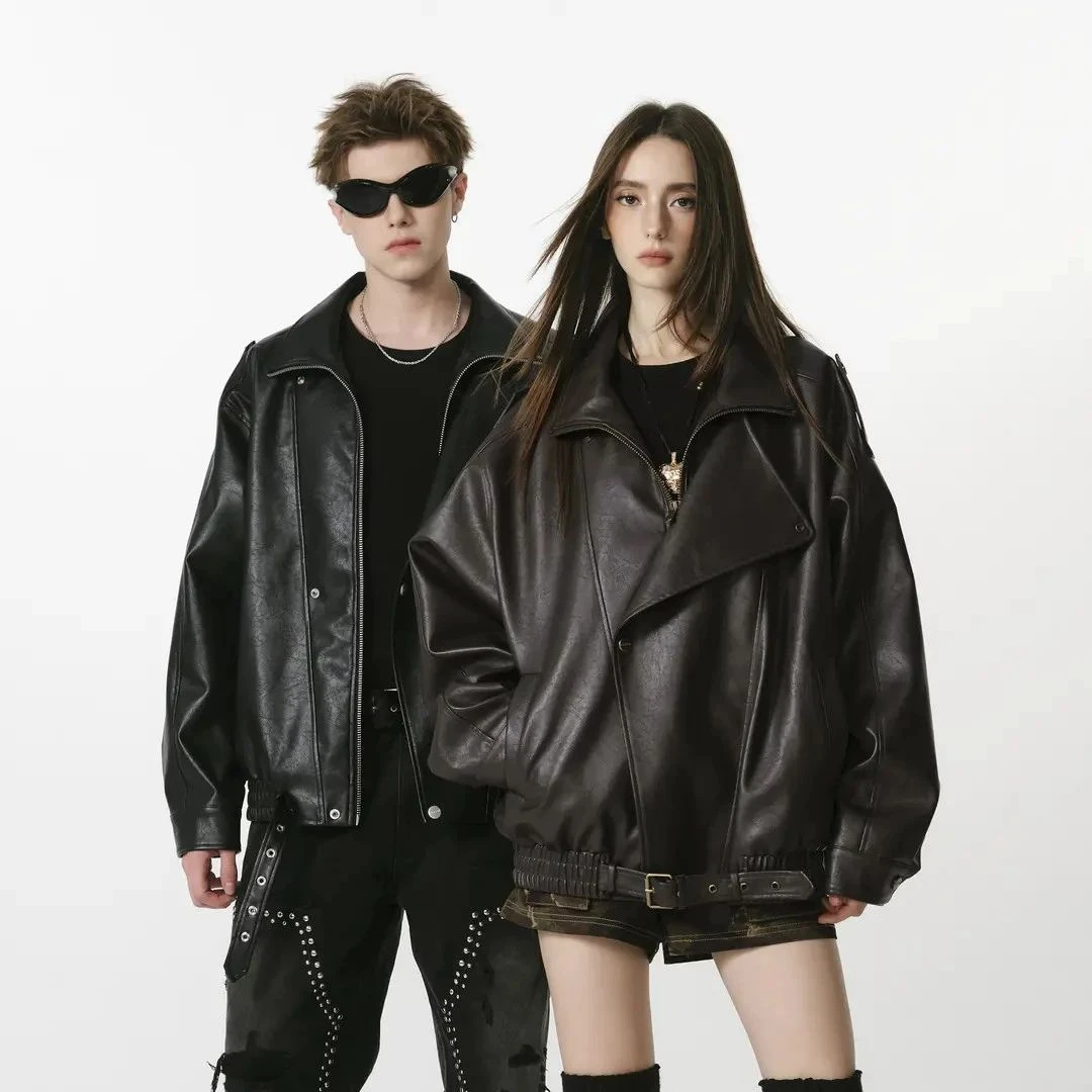 FORNINES复古中性翻领皮衣外套男女2025新款秋季PU夹克酷飒机车服