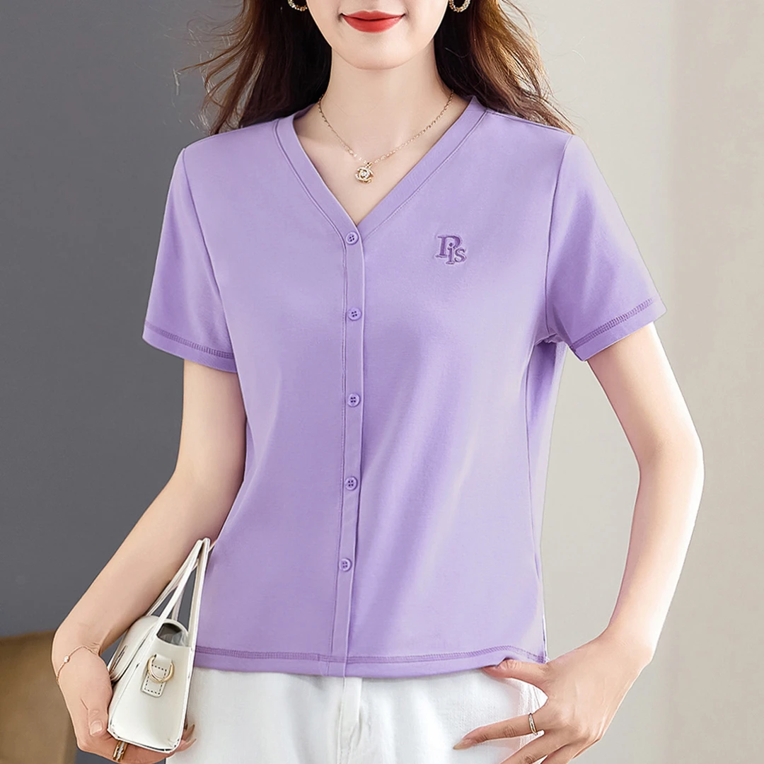 纯色v领短袖T恤女2025夏季新款时尚洋气百搭气质显瘦设计感上衣